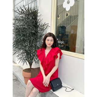 Yu cherry | đầm nữ bèo cổ v có nút giữa, ruffle neck tank dress yd147