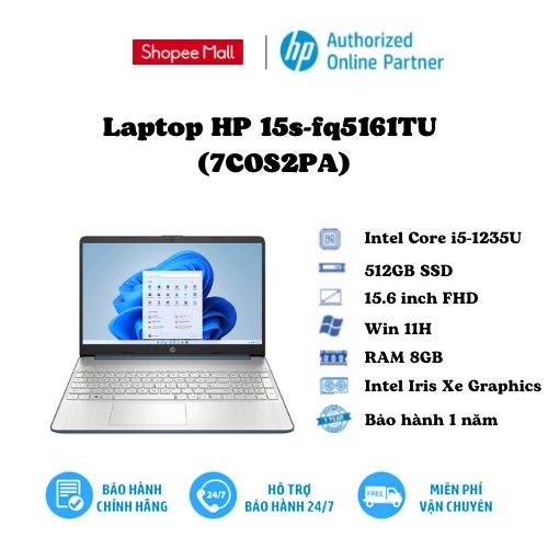 Laptop HP 15s-fq5161TU (7C0S2PA)/ Spruce Blue/ Intel Core i5-1235U (upto 4.4Ghz, 12MB)/ RAM 8GB/ 512GB SSD