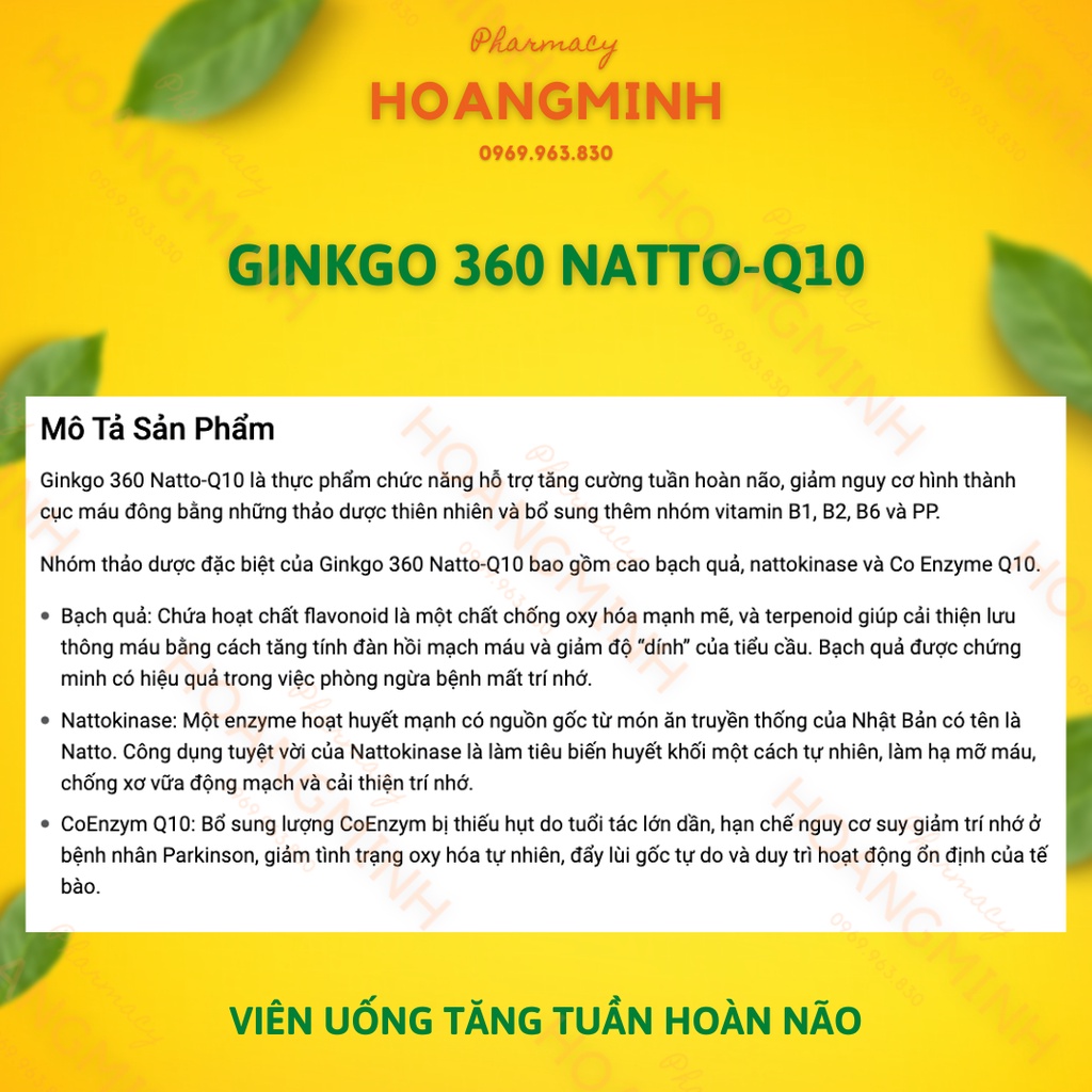 VIÊN UỐNG GINKGO 360 NATTO-Q10 |Hộp 100 Viên| Tăng Cường Tuần Hoàn Và Lưu Thông Mạch Máu Não