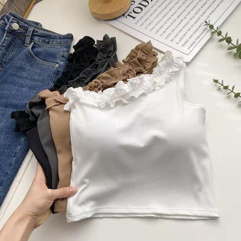 Áo Bra Nữ Cổ Viền Nhún Lệch Vai Dáng Lửng Có Đệm Ngực Softie 356