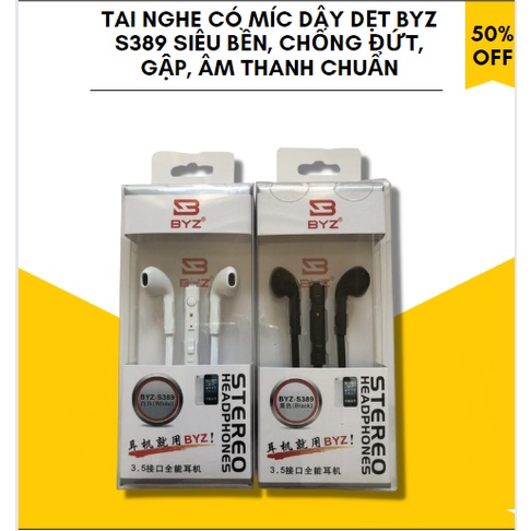 Tai Nghe CÓ MÍC Dây Dẹt BYZ S389 SIÊU BỀN, CHỐNG ĐỨT, GẬP, âm thanh chuẩn, màu đen trắng -shianhome-