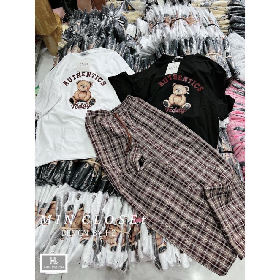 Set GấuXanh Tay Lỡ Áo Thun QUần Sớ Kẻ Caro Dáng Rộng Cạp Chun Cổ Tròn