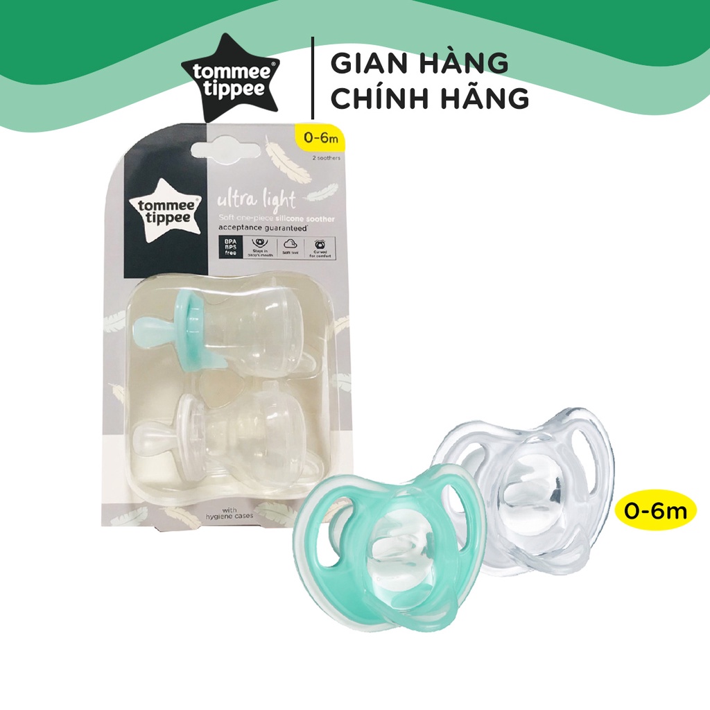 Ty ngậm silicon siêu nhẹ cho bé Tommee Tippee Ultra Light 0-6 tháng (vỉ đôi) - Xanh ngọc/Trắng