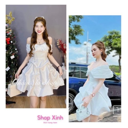 Váy 2 dây trễ vai cúp ngực khoá lưng xếp ly tầng tôn V1 chất TAFTA cho nàng dự tiệc cưới sang chảnh
