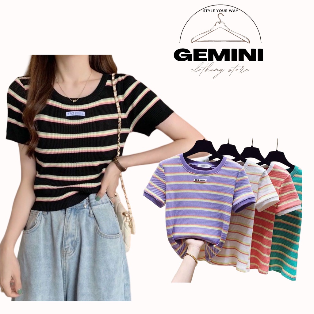 Áo thun dệt kim tay ngắn cổ tròn phối họa tiết sọc ngang trẻ trung cho nữ, len Quảng Châu Gemini Clothing Store