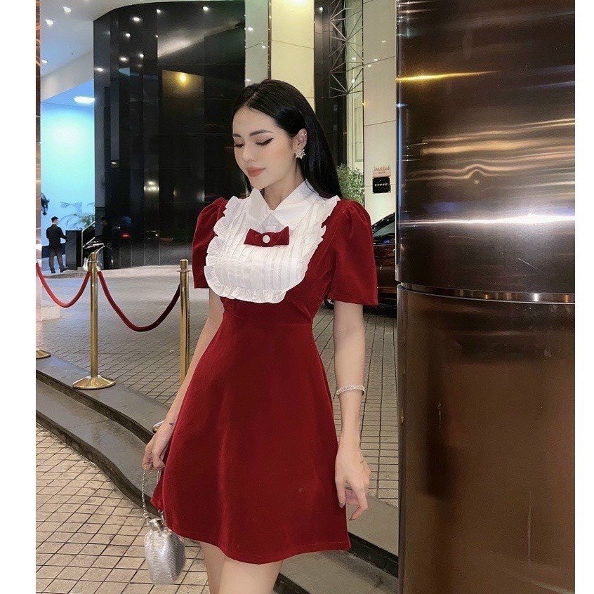 Đầm umi kiểu cổ sơ mi đính nơ phối màu chiết eo dáng ngắn xòe có màu đen đỏ