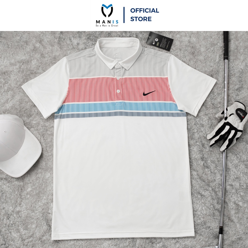Áo Polo Golf NI_KE Màu Trắng Phối Sọc Đỏ, Đồ Thể Thao Cao Cấp HT SPORT ALNK08