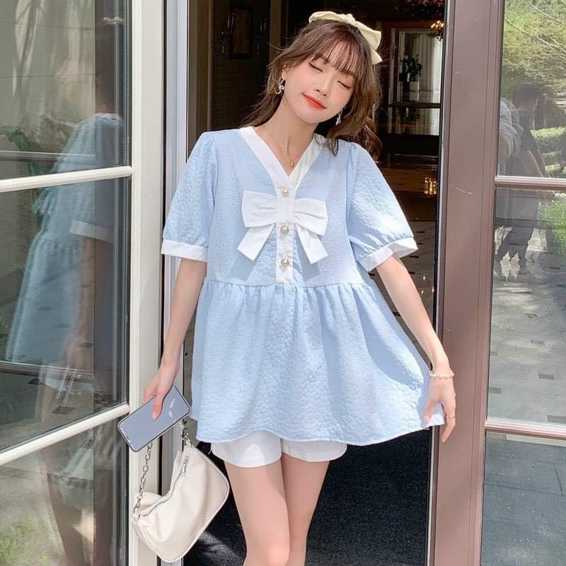 Áo bầu babydoll mùa hè cộc tay phong cách công sở hàn quốc chất voan xốp siêu mát phối nơ