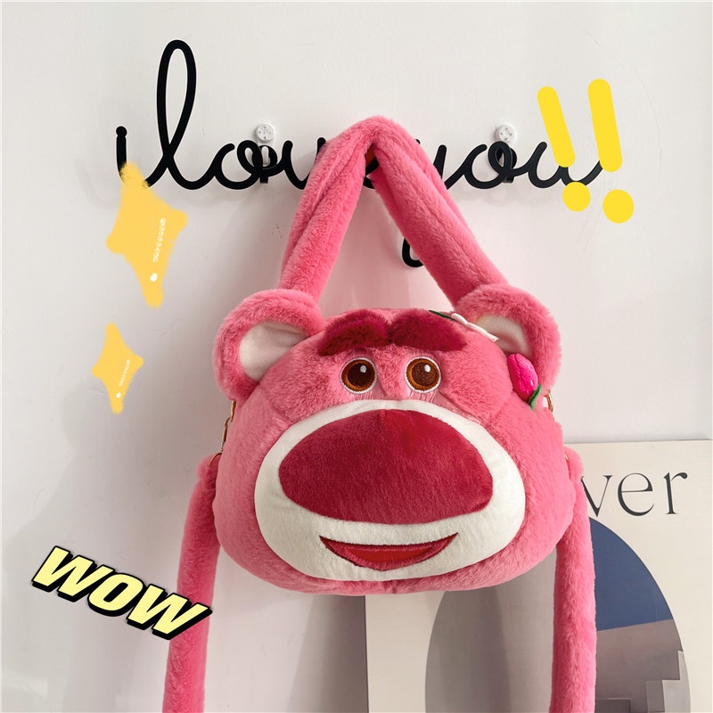 Túi xách đeo vai phủ lông họa tiết Gấu Dâu Lotso đáng yêu cỡ lớn 25cm cho nữ _ Ting Ting
