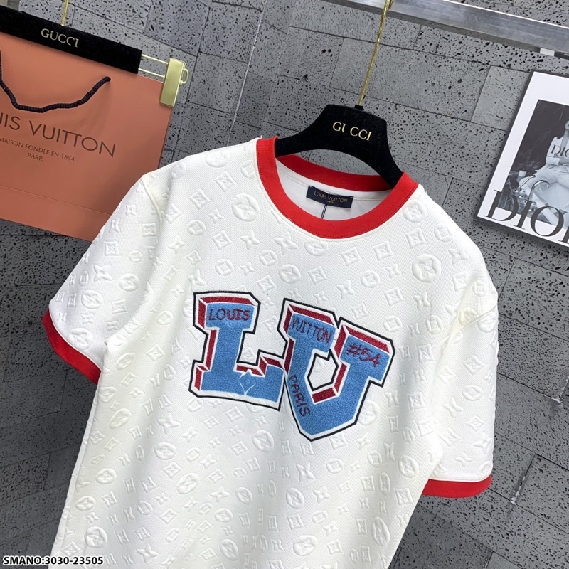 Áo phông nam nữ Eo Vì vải xốp dệt nổi vân hoa thêu logo chữ bông xù xanh bo ống đỏ siêu dày dặn AP125P