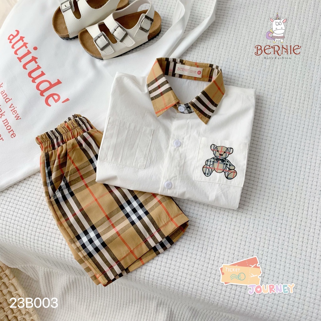 Bộ sơ mi bé trai kẻ túi gấu 80-130