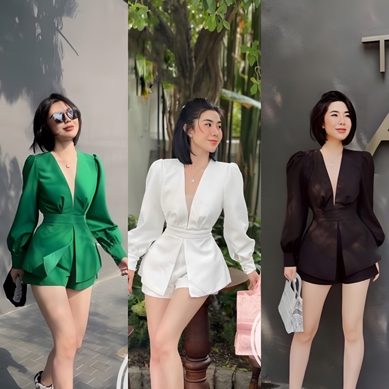 Jumsuit Body Nhấn Eo Cổ V Phối Lưới Kèm Quần Màu Sang Chảnh