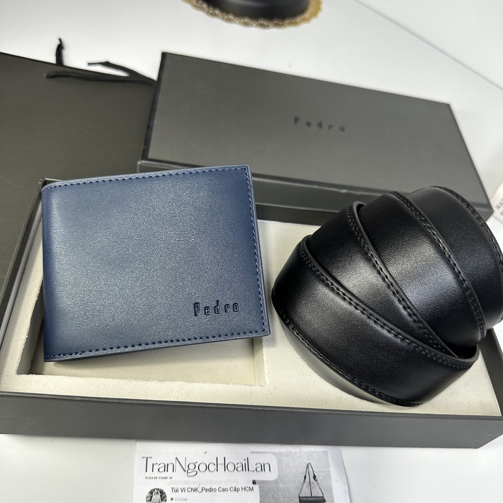 Set ví nịt nam PEDR0 full box, túi giấy tuồn kho mã ví xanh đen
