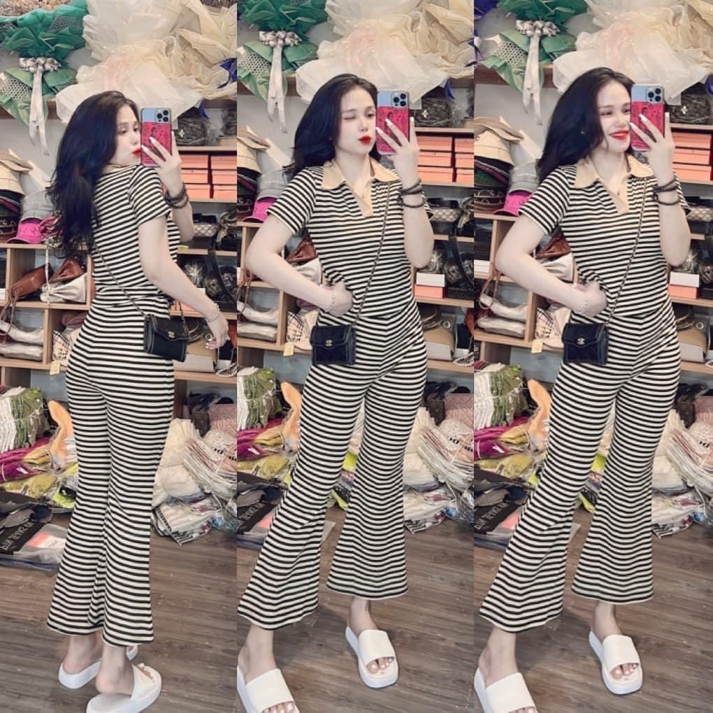 Set bộ thun gân sọc quần dài, set áo cổ bẻ tay ngắn kẻ sọc phối quần dài ống loe đơn giản, set dạo phố năng động