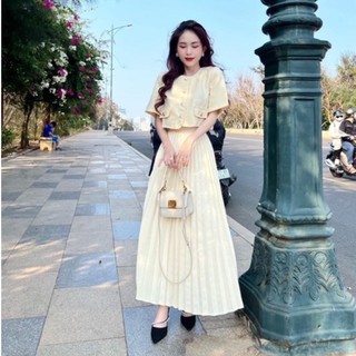 set áo dạ tweed croptop kèm chân váy dập ly midi