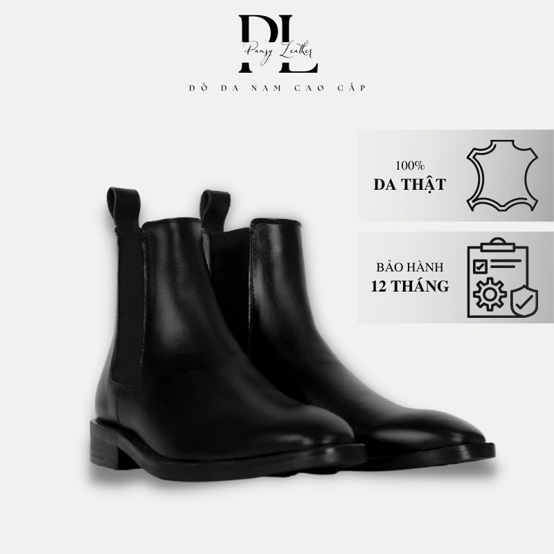 Giày Tây Nam Chelsea Boots PANSY Cổ Cao Da Bò Nguyên Tấm Cao Cấp Màu Đen Đế Cao Su Bảo Hành 12 Tháng