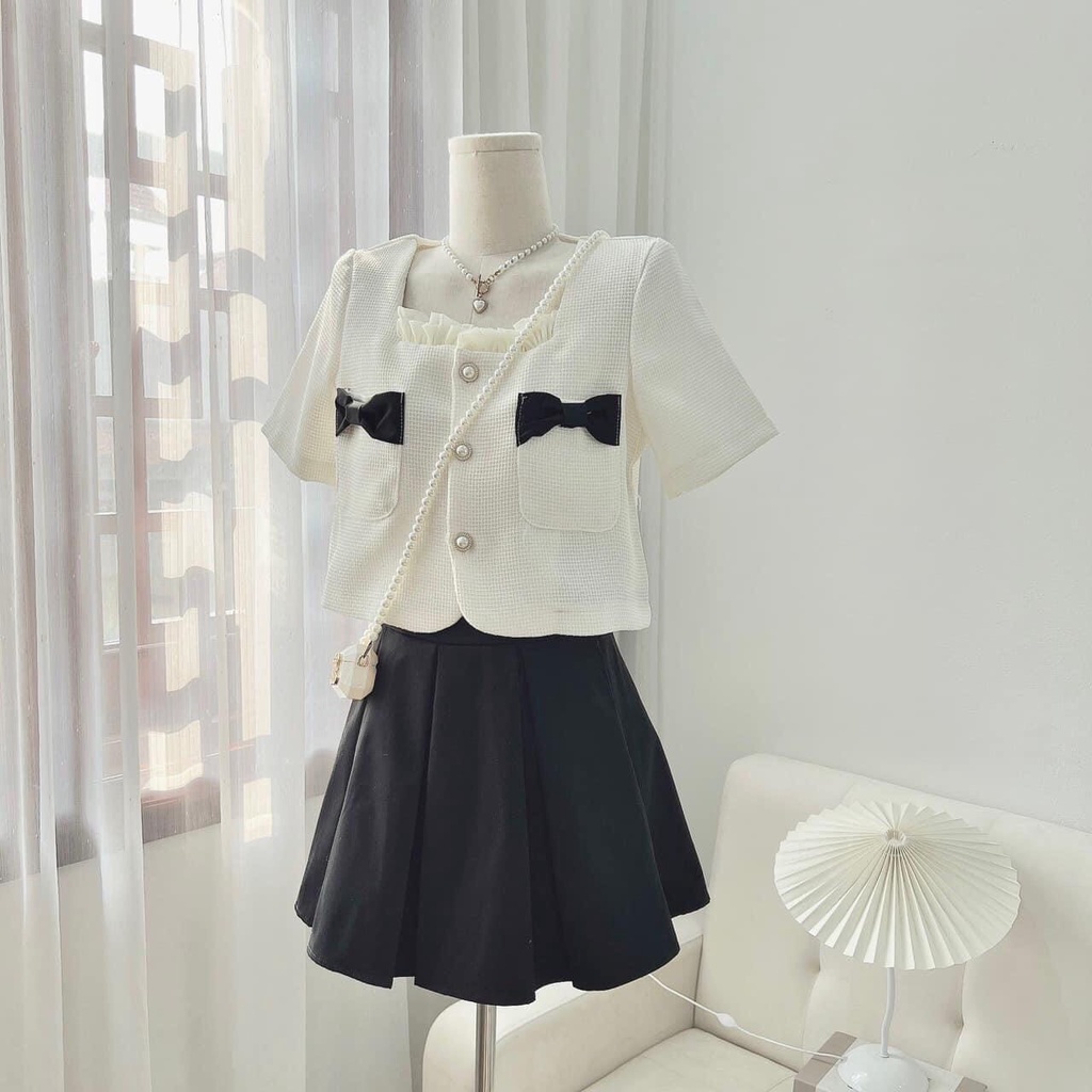 SET 2 MÓN ÁO DẠ NƠ VÀ CHÂN VÁY TENNIS KIỂU DÁNG HÀN QUỐC XINH XẮN