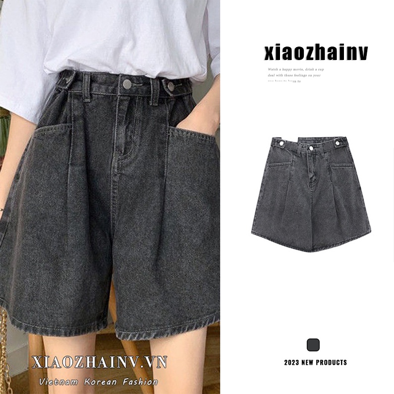 Xiaozhainv Quần ngắn denim lưng cao ống rộng thời trang Hàn Quốc cho nữ