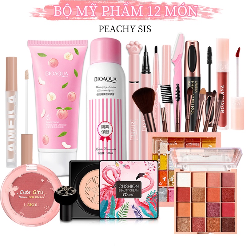 Bộ trang điểm chuyên nghiệp 12 món cá nhân tone đào KISS BEAUTY bộ mỹ phẩm set đầy đủ makeup combo PS-T12