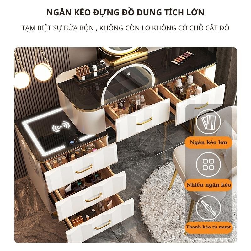 Bàn trang điểm LUXURY kèm gương đèn Led cảm ứng hiện đại, bàn phấn có tủ và ngăn kéo, kèm loa bluetooth sặc không dây