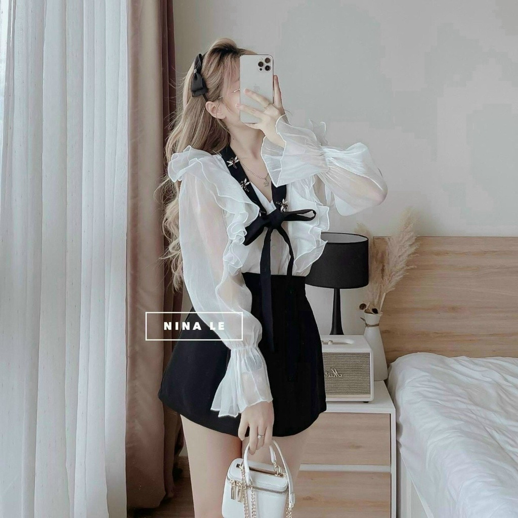 SÉT ÁO TAY DÀI BÈO VAI KÈM QUẦN &amp; DÂY NƠ CÓ ĐÍNH ONG HOẠ TIẾT CỔ hottrend sành điệu