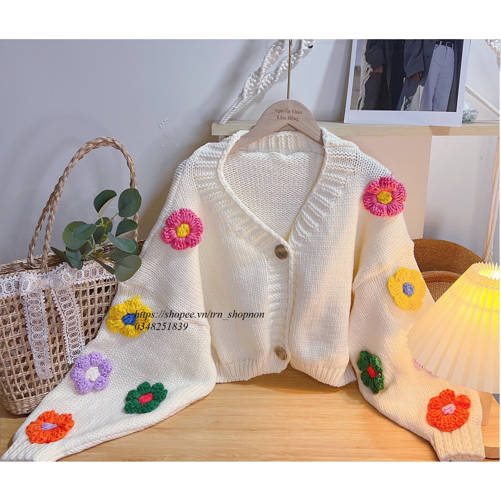 Áo len cardigan croptop hoa nổi nhiều màu,dưa hấu,dâu