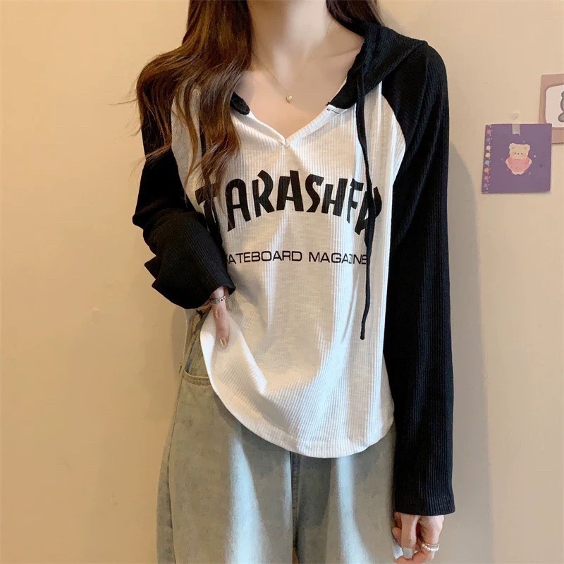 Áo thun TARASHER GB tay dài cổ V tim có nón thun gân nữ - Thiên Yết