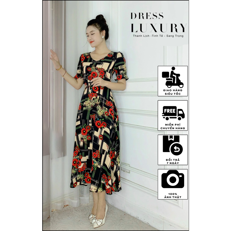 Đầm váy DRESS LUXURY HH dáng chữ A, vải tuyết mưa cao cấp, cổ cách điệu đính ngọc sang trọng đi tiệc