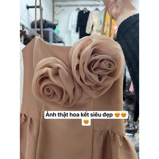Đầm 2 dây tafta đính hoa nổi xoè