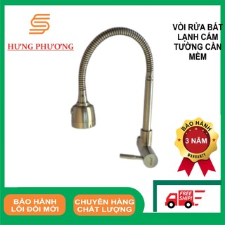 Vòi rửa bát lạnh cắm tường cần mềm inox 304, vòi rửa chén