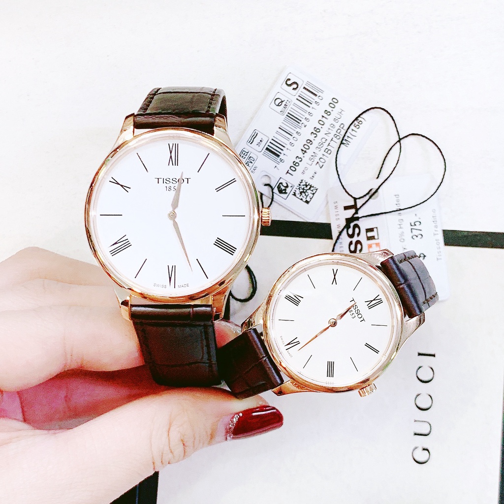 Đồng hồ đôi nam nữ dây da Tissot Tradition T063.409.36.018.00 và T063.209.36.038.00