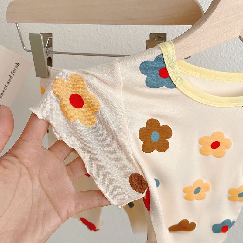Sun baby Bộ Đồ Ngủ Ngắn Tay Vải Lụa Mỏng In Hoa Dễ Thương Thời Trang Mùa Hè 2023 Cho Bạn Gái