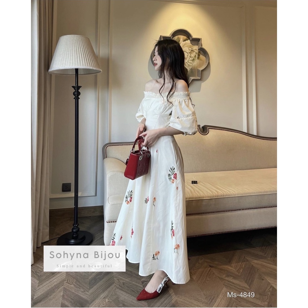 Đầm MiDi Nude Thêu Hoa Trễ Vai