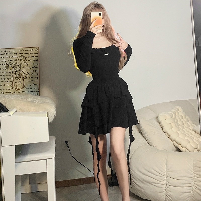 Đầm Body Chữ A Dài Tay Trễ Vai TIBU Tua Rua Bèo Tầng Phong Cách Pháp Thời Trang Cho Nữ Đi Chơi Dự Tiệc