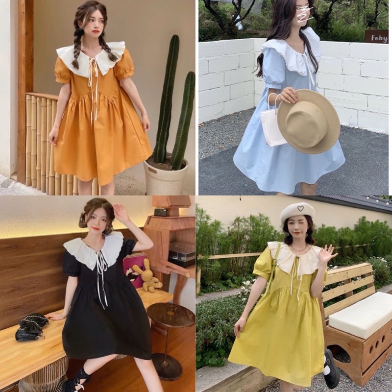 Váy babydoll tay bồng dáng xoè cổ bèo trắng, đầm xoè chiết eo bầu bí bon chen xinh
