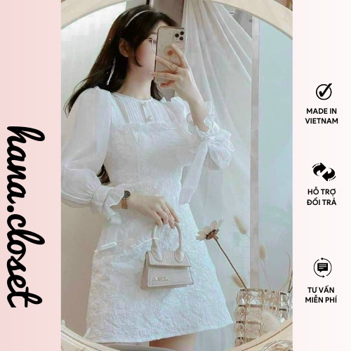 Đầm trắng đi tiệc Váy nữ phối cổ voan xếp ly tay phồng phù hợp đi chơi du lịch đi đám cưới HN0133