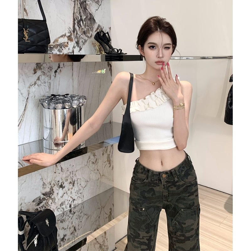 Áo lửng hai dây LANJIEXI dệt kim eo cao gợi cảm cho nữ