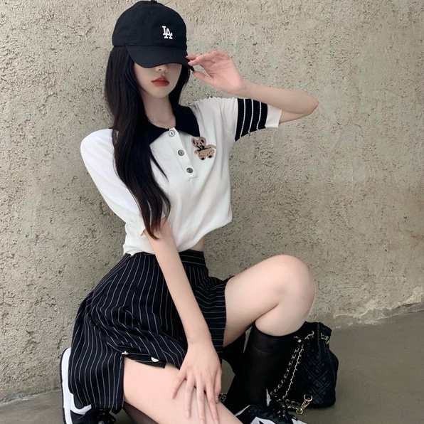 Minimalist Labo Áo thun polo dệt kim tay ngắn thêu hình gấu dễ thương