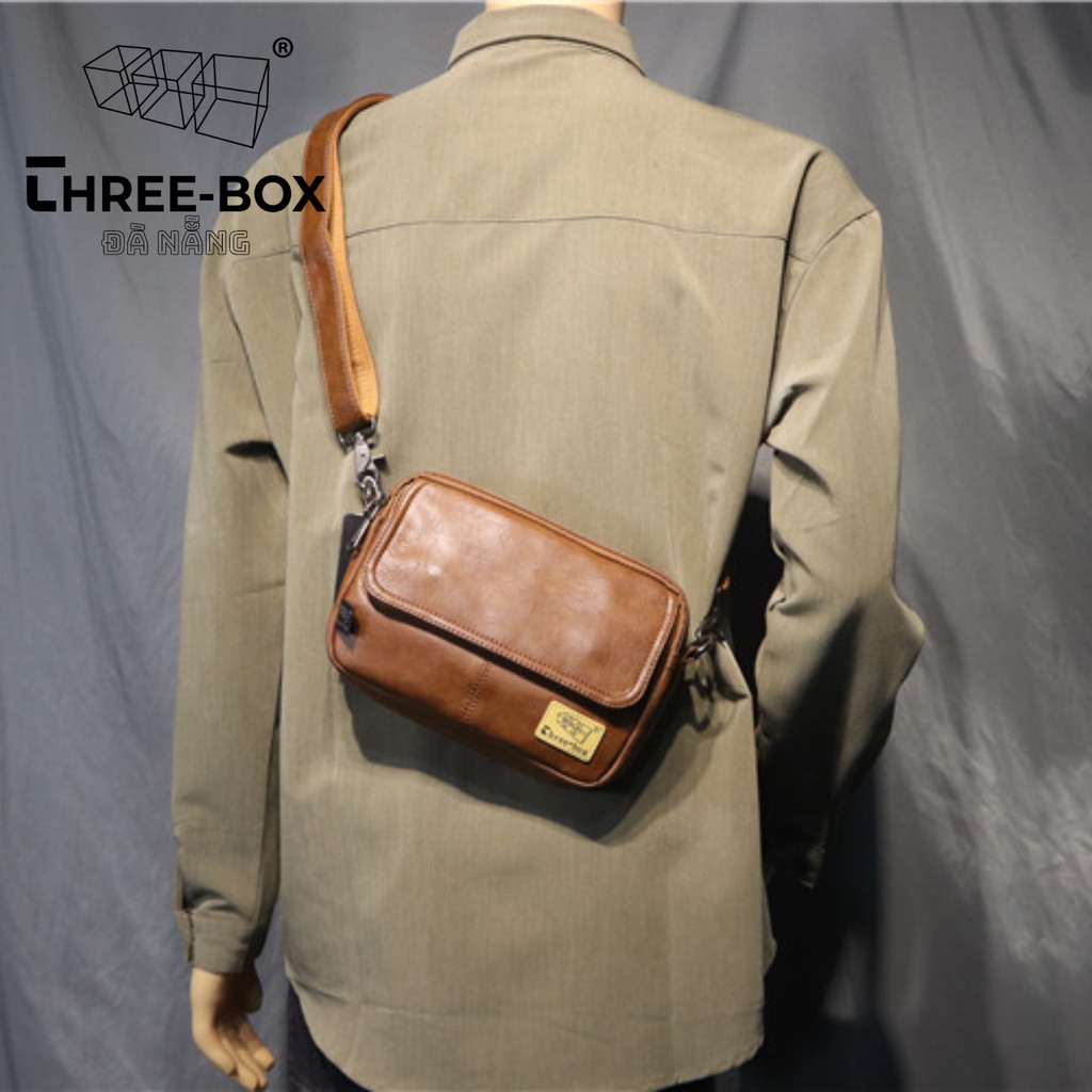 Threebox Cặp túi đeo chéo da unisex chính hãng thời trang