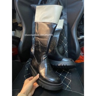 Boot đùi mũi tròn, cổ da phối màu (có video)