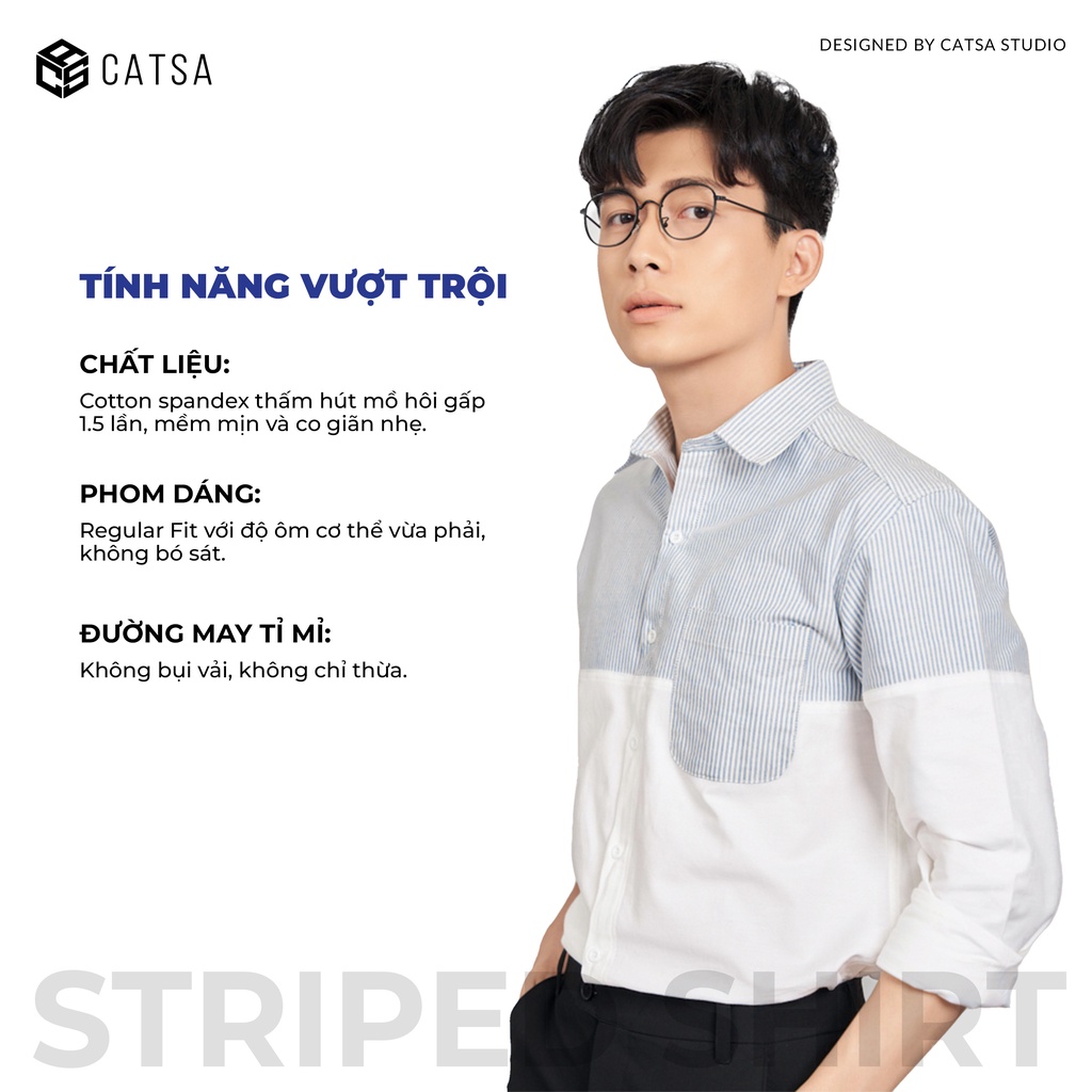 Áo sơ mi nam tay dài trắng phối sọc xanh, phong cách, thoải mái CATSA ASC343 | BigBuy360 - bigbuy360.vn