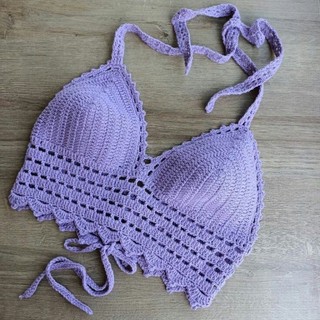 Áo croptop Áo len móc viền sò Áo bikini thủ công đi biển