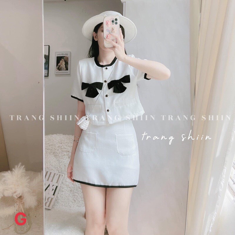 sét bộ kaki bố cv túi trước phối áo kiểu 2 nơ cổ tròn ngắn tay hot