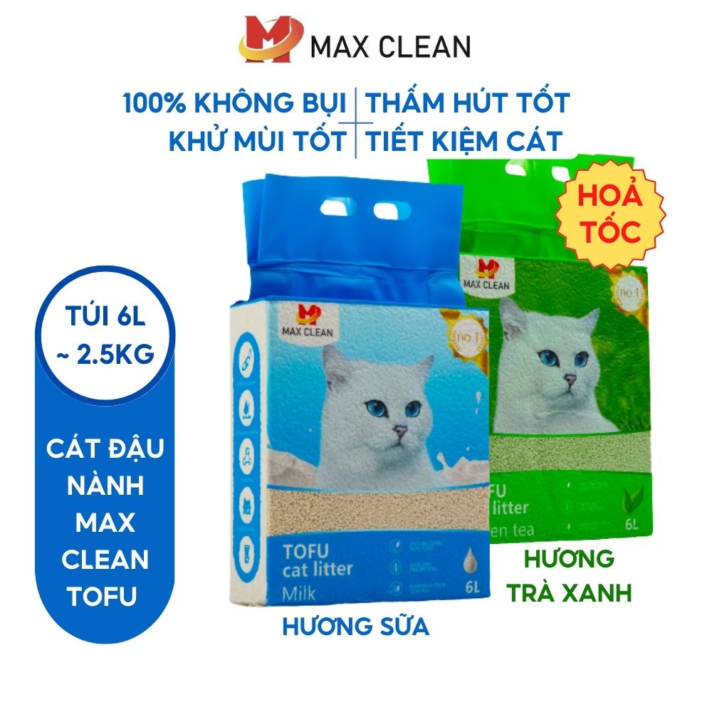 Cát đậu nành Max Clean túi 6L - 2.5Kg hương sữa, trà xanh