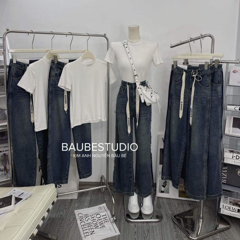 Quần jeans suông sọc sườn rút dây hàng QCL1