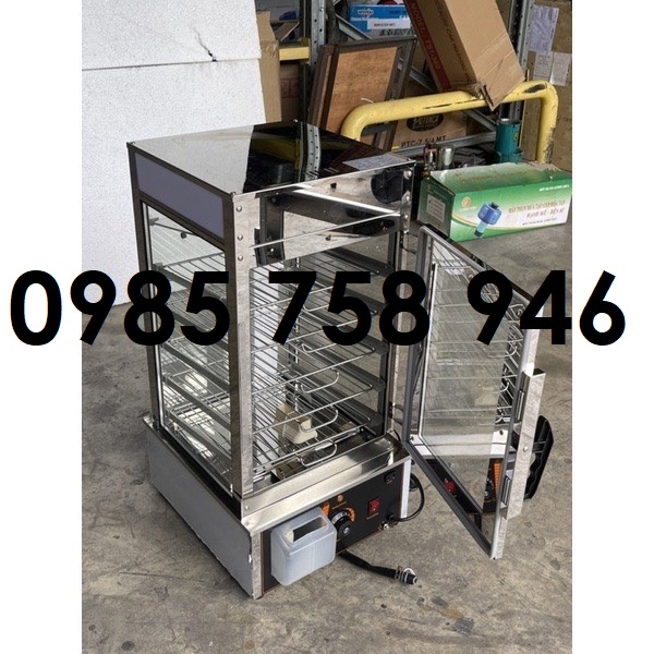 Tủ trưng bày bánh bao 5 tầng kính chịu nhiệt 2 lớp dày dặn inox sáng bóng