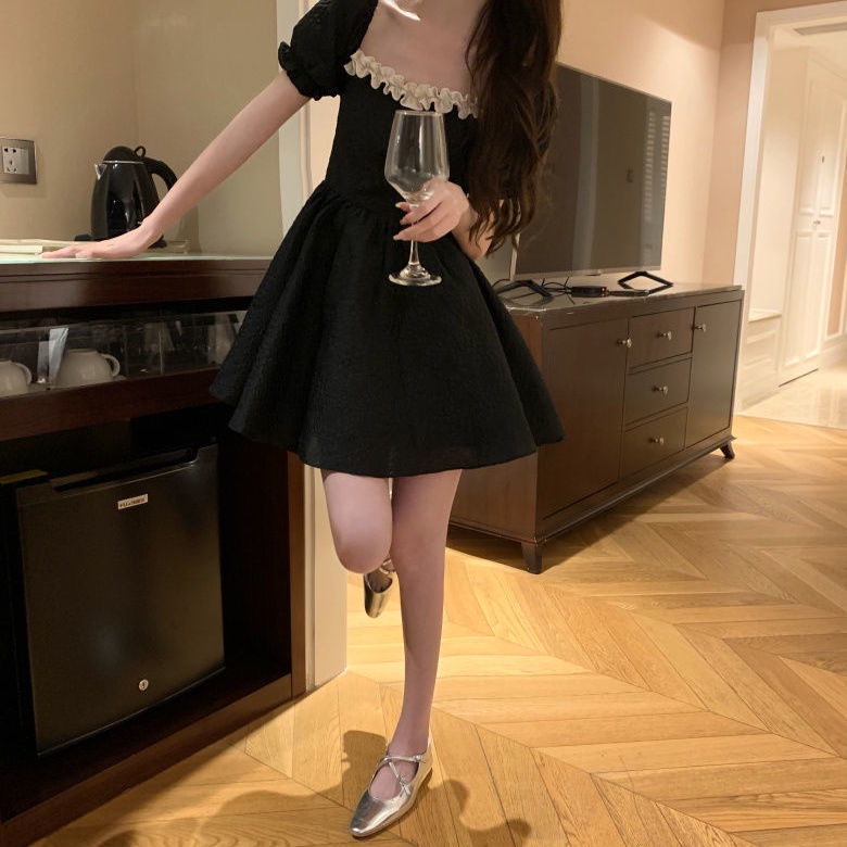 Đầm Ngắn Tay Phồng Thắt Nơ Nhấn Eo Màu Đen Phong Cách Pháp Thời Trang Mùa Hè Cho Nữ
