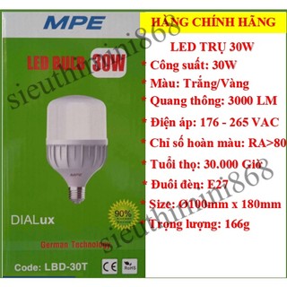 Bóng đèn ledbulb MPE, đèn led trụ siêu sáng, led bulb trụ 30w ánh sáng trắng, vàng đuôi E27