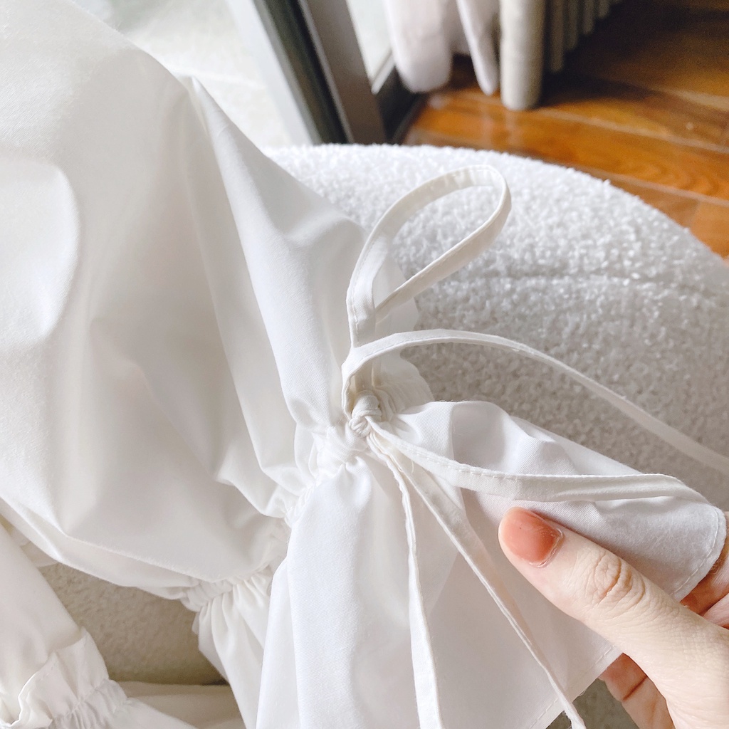 ĐẦM BBD CỔ V XÒE TRẮNG TAY BO BÈO (TH)