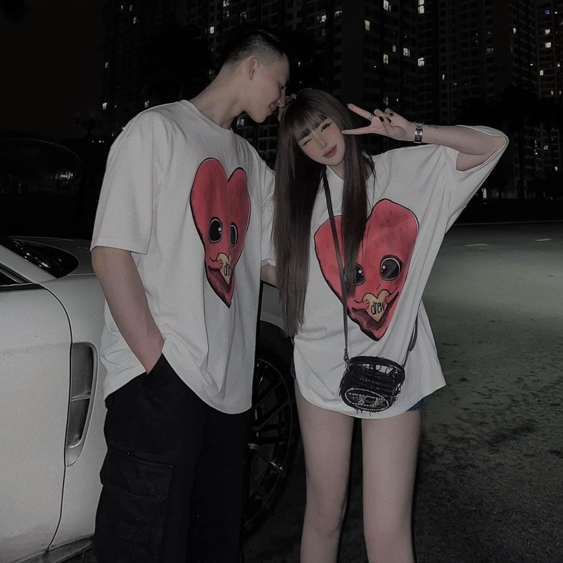 Áo Phông Unisex Nam Nữ In Hình Trái Tim , Áo Thun Đôi Form Rộng Vintage Có Sẵn Lemie By Lekemqc